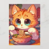 Adorable Cat Eating Ramen Noodles Postcard