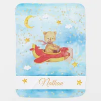 *~* Teddy Bear Flying Plane Moon Stars Clouds Baby Blanket