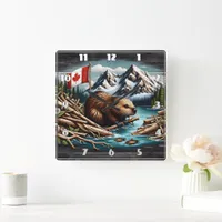 Canadian Beaver With Flag by Mountain River Square Wall Clock