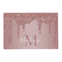 Stylish Rose Gold Sparkle Glitter Drips Monogram Placemat