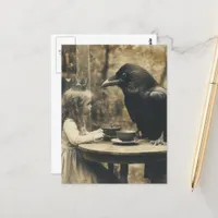 Fantasy Child and Raven Tea Party in Sepia Postcard