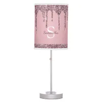 Rose Gold Pink Glitter Drips Sparkle Monogram Name Table Lamp