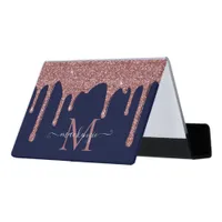 Navy Blue Rose Gold Sparkle Glitter Drip Monogram Desk Business Card Holder