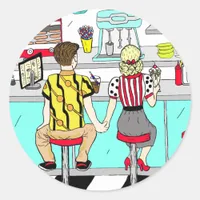 Cute Retro Couple Holding Hands at Diner Classic Round Sticker
