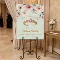 Blush Pink Floral Gold Tiara Quinceanera Welcome Foam Board