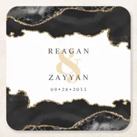 Black And Gold Marble Agate Wedding Square Paper Coaster