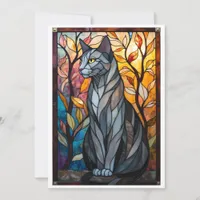 Stained Glass Style Gray Cat with Leaves Card