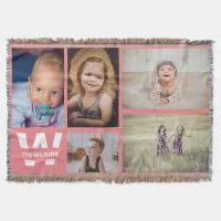 Pink White Multiple Photos Custom Monogram Throw Blanket