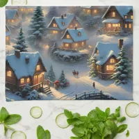 Christmas in a mountain village, polar lights  kitchen towel