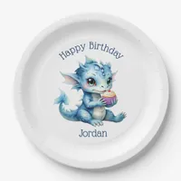 Cute Blue Baby Dragon Eating a Cupcake Paper Plates