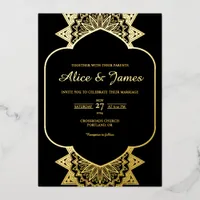 Arch Frame Mandala Elegant Black Gold Foil Wedding Invitation