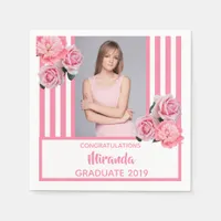Pink white stripes flowers photo graduate 2025 napkins