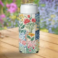 Floral Patchwork Garden Flowers Patterned Pretty Seltzer Can Cooler