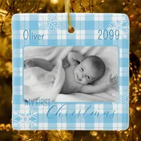 Baby boy blue plaid snowflake first Christmas Ceramic Ornament