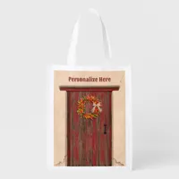 Southwest Chile Wreath on Rustic Red Wood Door Grocery Bag