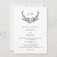 Rustic Blue Floral Stag Antlers Wedding  Invitation