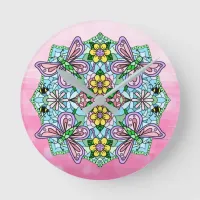 Purple, Pink Butterflies and Flowers Mandala    Round Clock