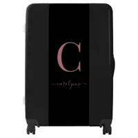 Elegant Black Pink Rose Gold Monogram Script Luggage