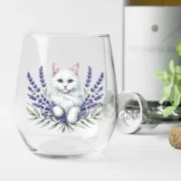 Elegant Lavender and Cat Birthday Stemless Wine Glass