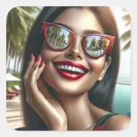 Happy Lady in a Tropical Paradise Square Sticker