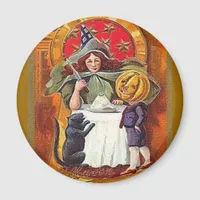 Vintage Halloween Witch and Pumpkin Head Boy Magnet