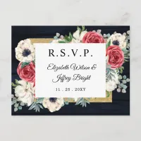 Rustic Wood Navy Burgundy Gold Floral RSVP  Invitation Postcard