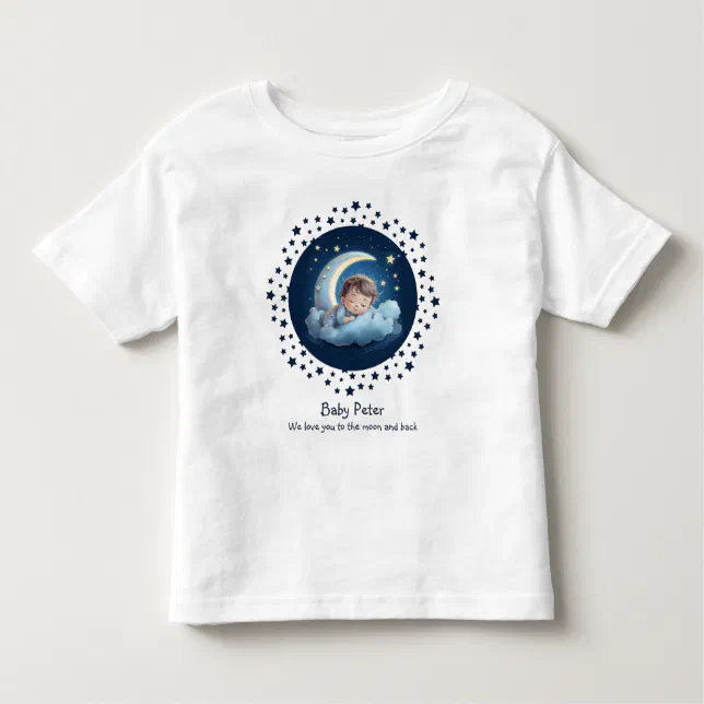 Cute Cartoon Baby Sleeping on Half Moon Cloud Blue Toddler T-shirt