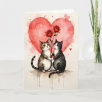 Whimsical Cats Valentine Hearts and Red Roses Card