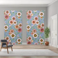 Pink Daisies Floral Pattern on Blue 50x96 Inch Blackout Curtains