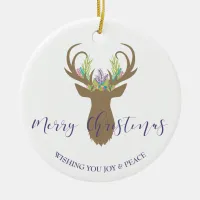 Boho Merry Christmas Reindeer Typography Photo Ceramic Ornament