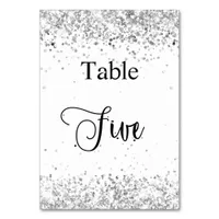 Silver white glitter calligraphy table five 5 table number