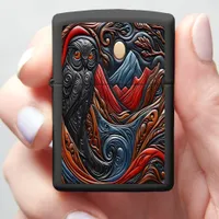 Owl in a Vibrant, Stylized Mountain Landscape Zippo Lighter