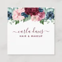 Burgundy and Navy Floral Elegant Makeup Artist Square Business Card