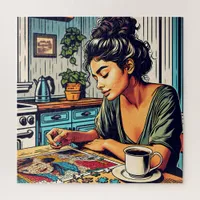 Illustration of a Woman Doing a Puzzle