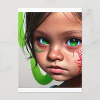 Tribal Kids | Little Futuristic Girl Green Eyes Postcard