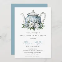 Floral Blue Tea Party Boy Baby Shower  Invitation