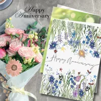 Elegant Blue Watercolor Wildflowers Anniversary  Card