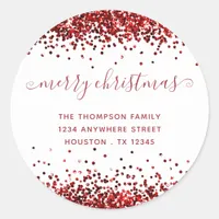 Red Glitter Merry Christmas Name Return Address Classic Round Sticker