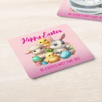 Hoppy Easter Cute Bunny Chicks Lamb Painting Eggs Square Paper Coaster