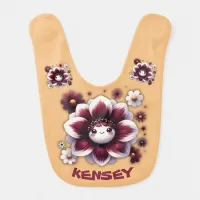 Cute Monogram Burgundy and White Flower on Peach | Baby Bib