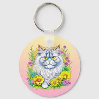 Persian Cat in Flowers Personalized Keychain