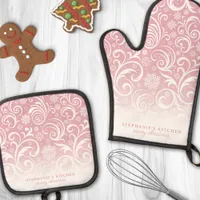 Snowflake Swirls On Pink Cute Custom Christmas Oven Mitt & Pot Holder Set