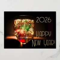 Golden bubbles and  fireworks - happy new year foil invitation