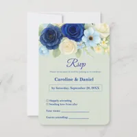 Navy Royal Bue Wedding Watercolor Ivory Flowers RSVP Card