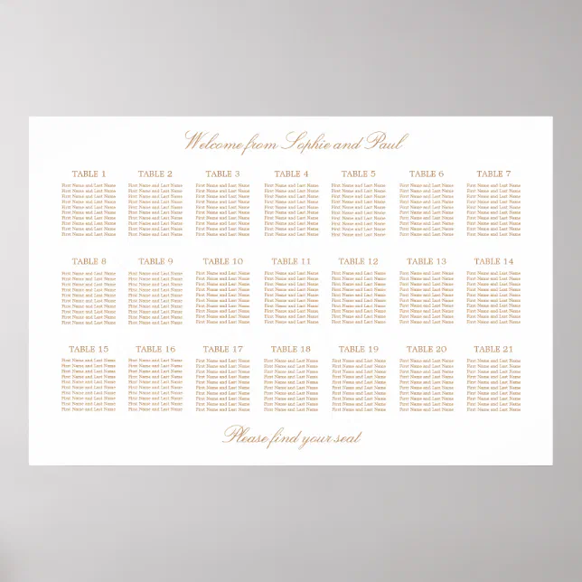 White Golden Beige 21 Table Wedding Seating Chart