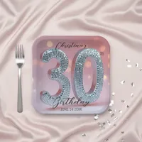 Pink and Silver Sparkling Disco Ball 30th Birthday Paper Plates