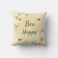 Bee Happy bees yellow florals honeycomb fun Throw Pillow