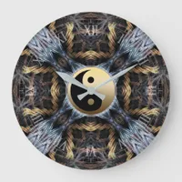 Gold Blue Fractal Tapestry with Yin Yang Symbol  Large Clock