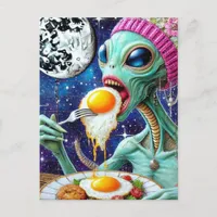 Alien Eating Fried Eggs Postcard