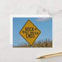Rock and Roll Never Ends Rural Sign and Corn Field Postcard